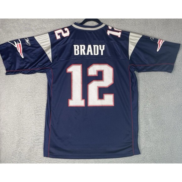 VTG Reebok Jersey Tom Brady #12 New England Patriots Mens Large 48 Blue NFL EUC - Picture 1 of 8